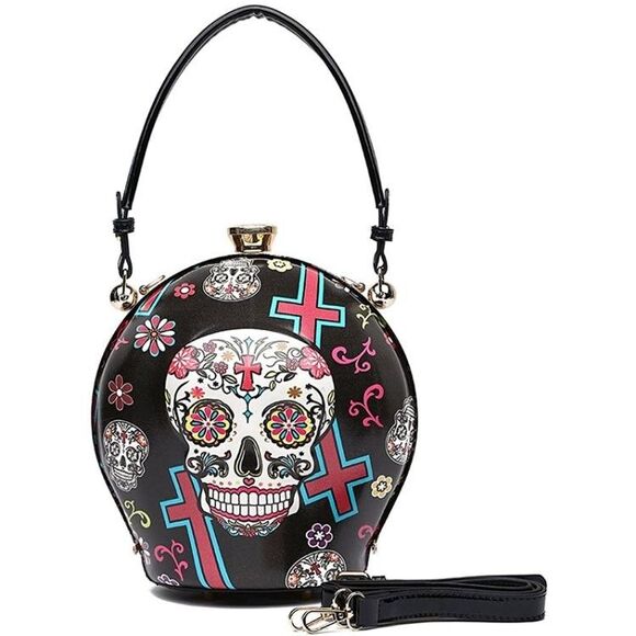 Black Sugar Skull Ball Handbag Rhinestone Carry Handbag - Picture 2 of 2